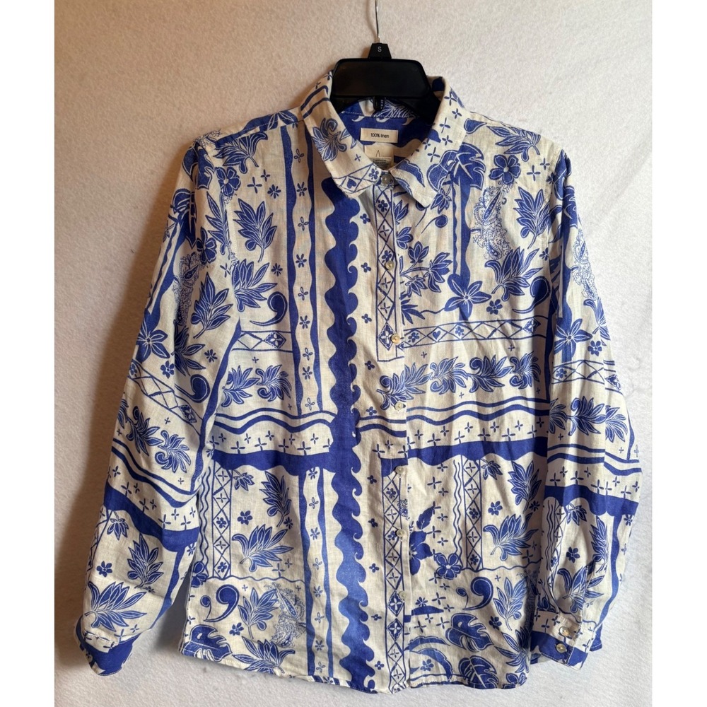 Joie Womens Medium Blue White 100% Linen Floral Tile Print Button Down‎ Blouse
